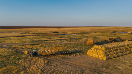 A tractor on a farm is stacking hay bales from a cart into a stack © Павел Чигирь