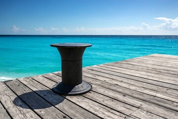 Empty pedestal on a wooden pier overlooking a tropical ocean