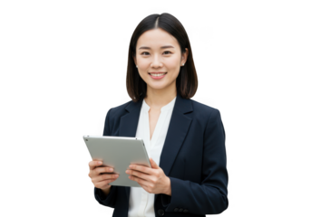 Smiling asian businesswoman holding a tablet isolated on transparent background