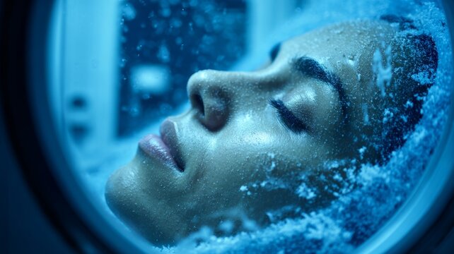 Woman in cryogenic sleep in cylindrical pod with frost in a clinical environment - Powered by Adobe