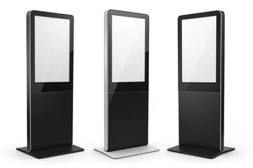 Three modern digital signage displays with blank screens shown from multiple angles. Realistic vector illustration on white background. Perfect for advertising, kiosk mockups, or commercial templates.