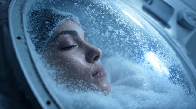 Woman in cryogenic sleep inside cylindrical pod with frost in clinical environment - Powered by Adobe