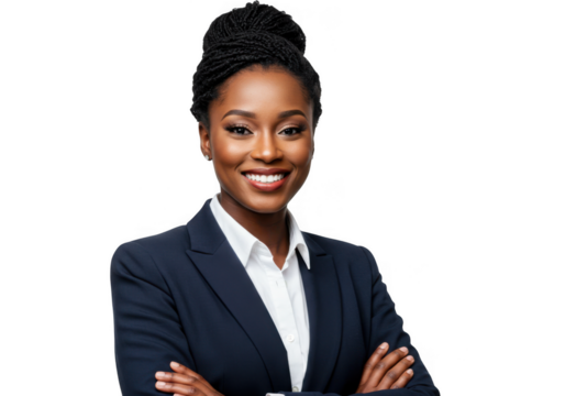 Confident black woman in business suit isolated on transparent background