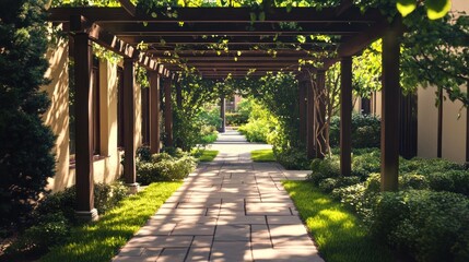 Sun-drenched walkway under a trellis, lined with greenery