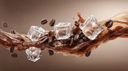 Coffee beans and ice cubes in a chocolate splash