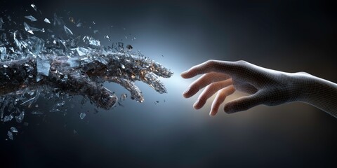 Two hands reaching out, one organic and one digital