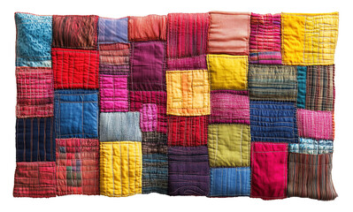 Vibrant patchwork quilt featuring variety of colorful sewn cloth squares, showcasing intricate stitching and diverse textures. quilt lively design evokes warmth and creativity., isolated