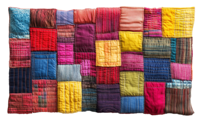 Vibrant patchwork quilt featuring variety of colorful sewn cloth squares, showcasing intricate stitching and diverse textures. quilt lively design evokes warmth and creativity., isolated