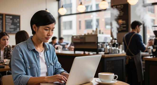 Asian woman working on laptop while sitting in a cafe with coffee  