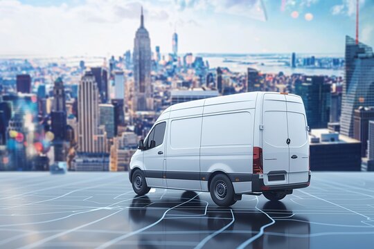 White delivery van mockup on digital map background with New York City skyline - Powered by Adobe