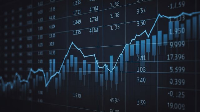 Blue stock market trading graph with candlestick chart showing data analysis and trends