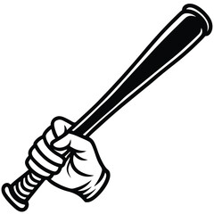 Black baseball bat held by a gloved hand holding black and white