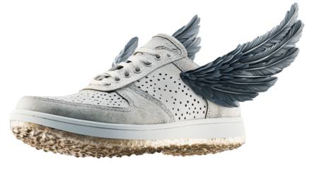 White sneaker with wings attached to its sides, symbolizing speed and freedom. shoe features textured sole and perforated design, creating dynamic and whimsical appearance., isolated