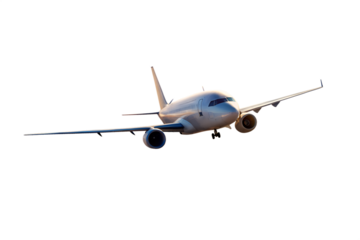 Commercial airplane in flight against a bright sky isolated on transparent background