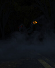 Digital illustration of a Headless Horseman holding a glowing pumpkin on a foggy road at night