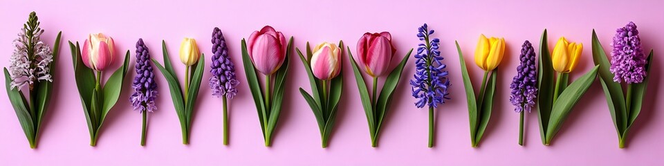 Fototapeta premium Spring Flower Arrangement with Tulips, Hyacinths, and Daffodils on a Soft Pink Background