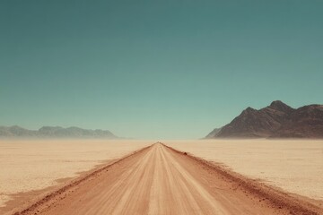 Dusty road stretches into a vast desert landscape, mountains in the distance