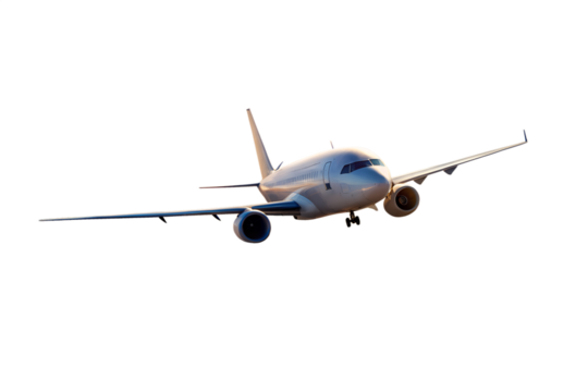 Commercial airplane in flight against a bright sky isolated on transparent background