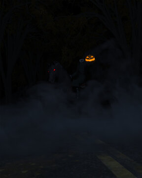 Digital illustration of a Headless Horseman holding a glowing pumpkin on a foggy road at night
