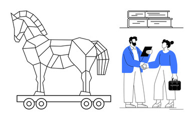 Trojan horse on wheels, two professionals shaking hands holding documents, stack of books nearby. Ideal for business strategy, teamwork, negotiation, partnerships, education, deception