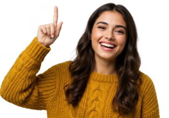Smiling woman with finger pointed up isolated on transparent background