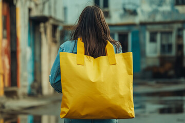 woman carrying big yellow Tote Bag 