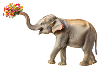 Elephant joyfully holds colorful bouquet of flowers in its trunk, showcasing playful and gentle nature. vibrant flowers contrast beautifully with elephant textured skin., isolated