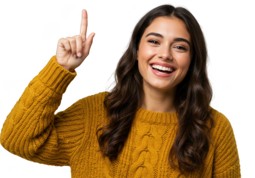 Smiling woman with finger pointed up isolated on transparent background