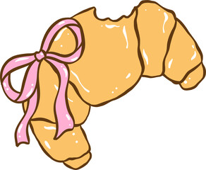 Messy Coquette, Cute Girly Coquette  bitten croissant  with ribbon bow Doodle Hand Drawn