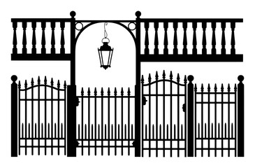 Ornate black metal gate with hanging lantern and balustrade vector