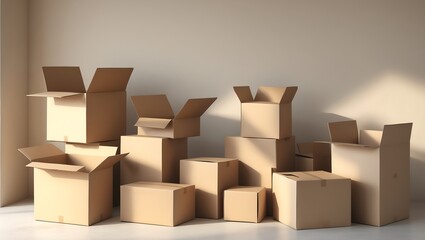 Fototapeta premium Collection of open and closed cardboard boxes stacked against a light wall with natural light casting shadows