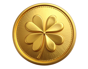 3D Rendered Gold Coin with Glossy Finish and Stylized Four-Leaf Clover Emblem, Floating on White Background, isolated on transparent background PNG