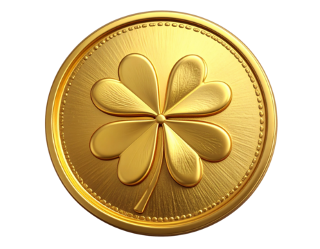 3D Rendered Gold Coin with Glossy Finish and Stylized Four-Leaf Clover Emblem, Floating on White Background, isolated on transparent background PNG