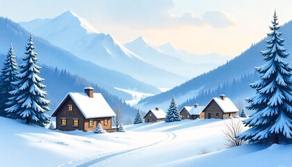 Fototapeta premium quiet snowy village in the mountains during early morning, watercolor landscape with cool blues and whites