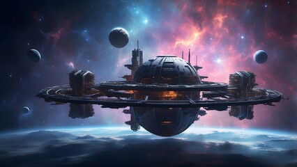A shadowy space station partially cloaked by a cosmic mist. Cinematic theme, HDR, Vibrant