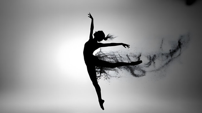 Silhouette of a ballerina dissolving into smoke during a graceful dance