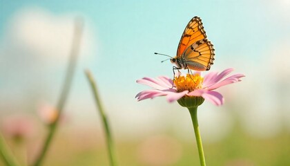 Obraz premium blooming spring meadow with wildflowers and butterflies under a pastel sky, watercolor painting style