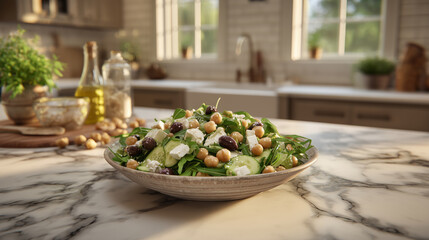 A vibrant Mediterranean salad featuring chickpeas, arugula, cucumbers, feta, and olives is beautifully presented on a marble kitchen island. Subtle warm decor enhances the inviting atmosphere.