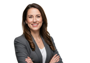 Ai generated image of professional woman smiling with arms crossed, isolated on transparent background