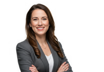 Ai generated image of professional woman smiling with arms crossed, isolated on transparent background