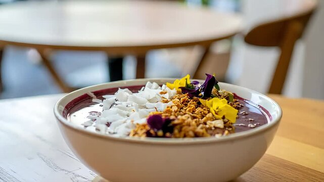 Colorful dessert bowl in cafe setting food display close up