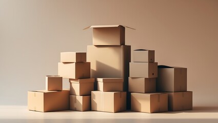 Fototapeta premium A tall stack of various sized cardboard moving boxes piled high against a neutral background