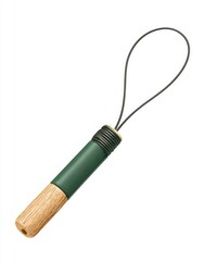 A dark green cylindrical phone lanyard with a light brown wooden end and a dark cord