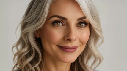 Mature woman smiling warmly indoors. Use for retirement planning, health and wellness, lifestyle magazines, and insurance advertising.
