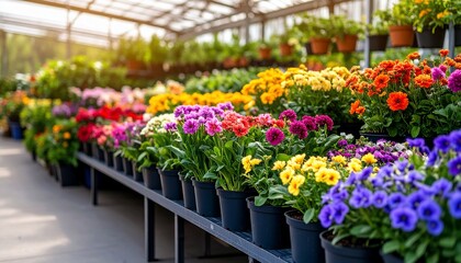 Fototapeta premium Vibrant Greenhouse Flowers: A Colorful Display of Spring Blooms