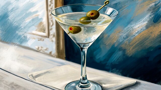 Elegant martini served in a crystal glass with olives on a napkin against a vintage backdrop