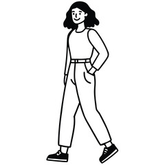 Smiling woman walking with hands in pockets casual fashion