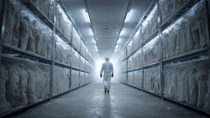 Facility technician navigates cryonics storage chamber with rows of frozen bodies