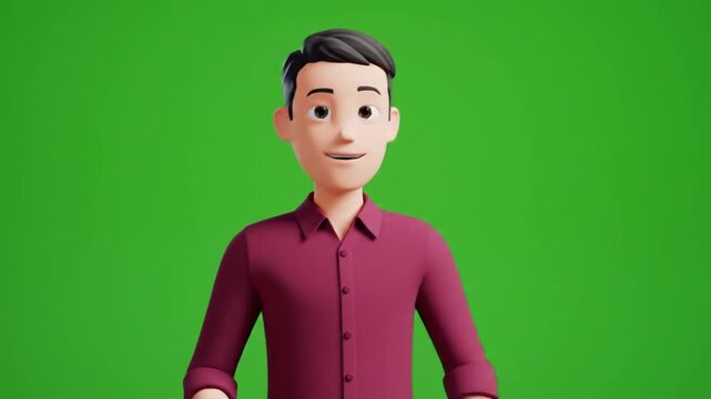 Talking male avatar in maroon shirt, 3D style, ideal for compositing into various presentations.