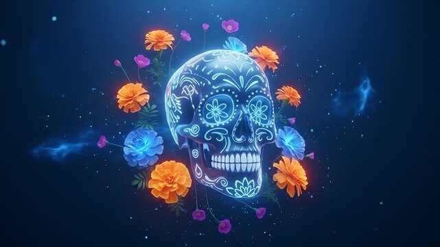 Day of the Dead neon skull animation with marigolds and purple flowers, Mexican culture celebration. Festive, Halloween celebration, holidays, events, memorials, background art.